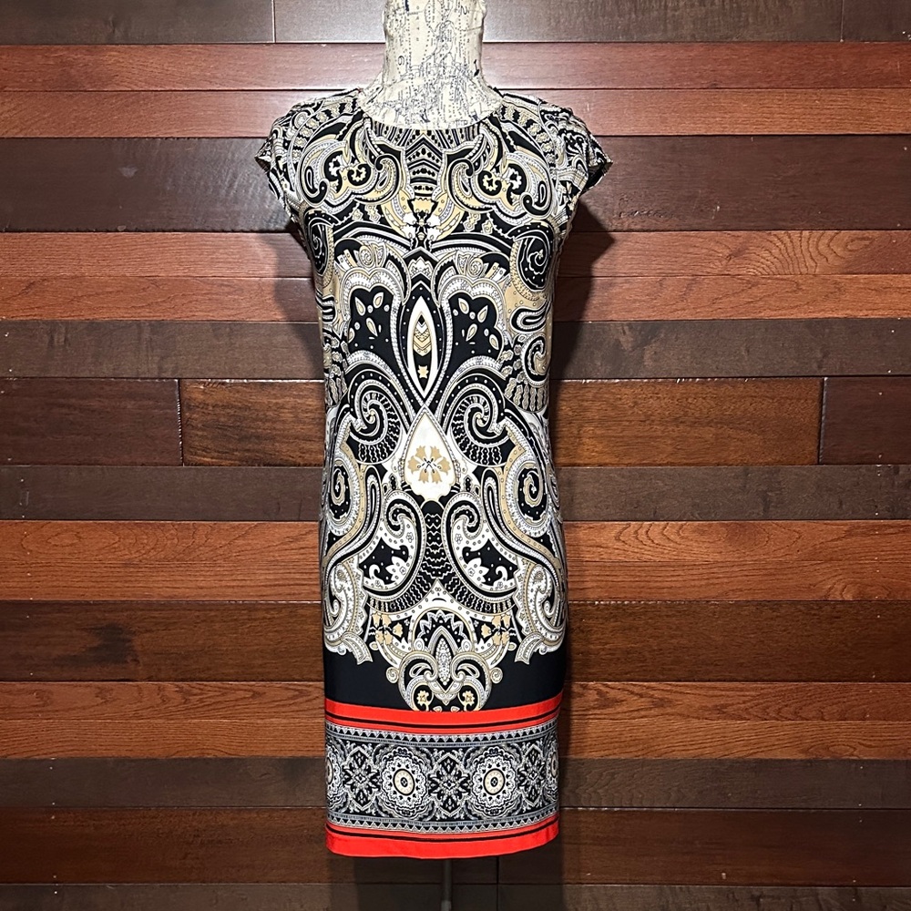 Signature Camryn Black and Gold Patterned Slip On Midi Dress